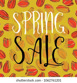 Tulips seamless pattern. Vector illustration  of red tulips on yellow background. Spring Sale.