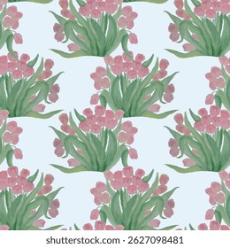 Tulips seamless pattern watercolor handrown pink spring flowers on light background. Unless wallpaper, wrapping paper, cute, tender fabric print
