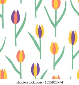 Tulips seamless vector pattern. Red, yellow and violet doodle flowers with leaves endless print
