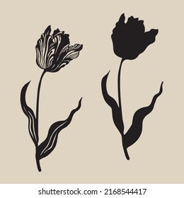 Tulips. Set of tulip silhouettes. Beautiful collection of decorative flowers isolated on a beige background. Vector illustration