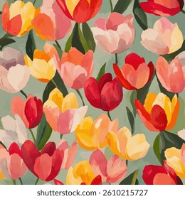 Tulips in shades of red, yellow, and pink on a light green background. watercolor flower seamless pattern. Watercolor print in rustic vintage style, textile or wallpaper.  