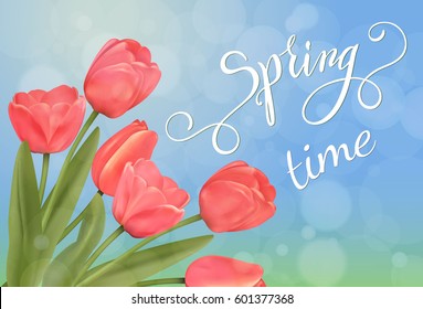 Tulips shiny background and spring Lettering. Vector Illustration EPS10