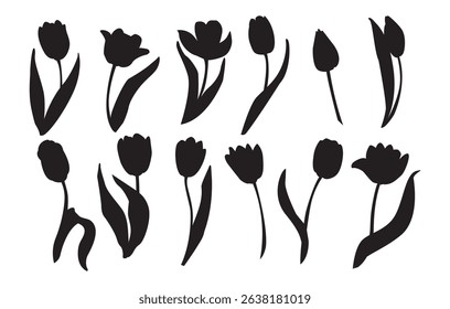Tulips silhouettes set. Spring flowers. Vector simple hand drawn illustration in doodle style. Floral Clip art. 