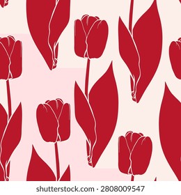 Tulips silhouettes vector seamless pattern. Many big blooming flowers hand drawn. Graphic botanical background. Spring textile fashion print. Plant wallpaper design. Dark red big open bud. Elegant art
