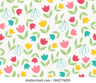 Tulips and Snowdrops spring summer floral Seamless Pattern Floral natural universal pattern Pink scarlet yellow tulip on white background pastel doodle Vector illustration