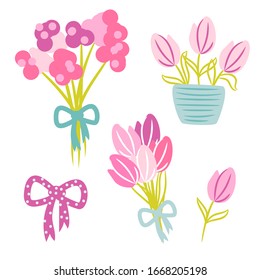 Buqueta de primavera tulipano con ilustración de caricatura vectorial arco.