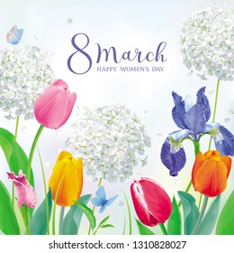 Tulips and spring flowers in amazing garden for Women's Day 8 March. Floral vector card in watercolor style with lettering design for 8 March, wedding, Valentine's Day,  Mother's Day, sales