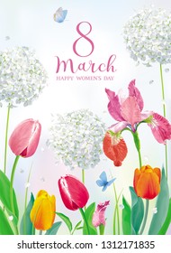 Tulips and spring flowers in amazing garden for Women's Day 8 March. Floral vector card in watercolor style with lettering design