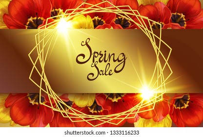 Tulips in the spring and the frame. Action, discounts, sale, greeting card, label, background for the holidays: March 8, women's day, poster for spring, birthday, wedding