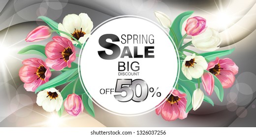 Tulips in the spring on a silver background. Action, discounts, sale of 50%, decorative postcard, banner, suitable for holidays: March 8, women's day, poster for spring, birthday, wedding