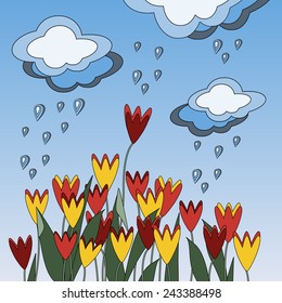 Tulips in springtime. Growing tulips on a rainy day under cloudy sky, simple outlined vector illustration