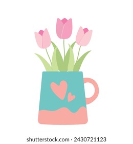 Tulipanes en la taza de té. Tarjeta minimalista de primavera. Ilustración vectorial plana. Concepto de primavera.