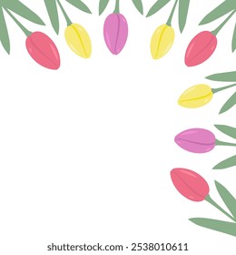 Tulips Top Corner frame border in trendy soft shades. Womens Day or Mothers Day greeting Template