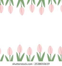 Tulips in trendy soft pink Top and bottom Frame Border with Copy space. Womans Day Greeting Template