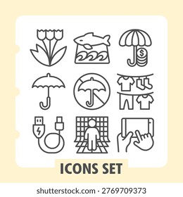 Tulips, umbrella, data cord minimalist icons set featuring travel, weather, seasonal items in outline style for apps and print on white background. Set of nine line icons