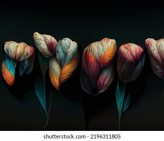 Tulips of various colour on a black background. Elegant digital illustration. Concept of luxury.
