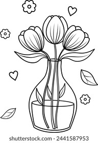 Tulips in a vase. An anti-stress coloring book for children and adults. Vector illustration highlighted on a white background. Black and white drawing