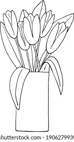 tulips in a vase bouquet icon, sticker. sketch hand drawn doodle style. minimalism monochrome. flowers, spring, holiday, decor, summer