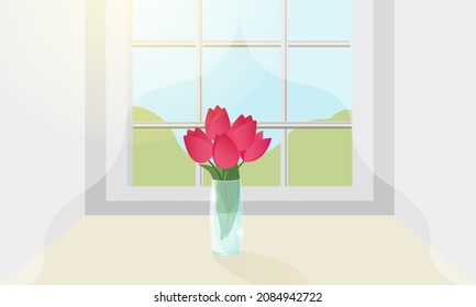 Tulips in a Vase on the Windowsill.   Vector illustration.