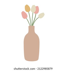 Tulips in vase. Potted flowers. Cottage core. Home decorations and interior design elements. Flat. Scandinavian style