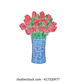 tulips in vase, sketch, design element, vector illustration