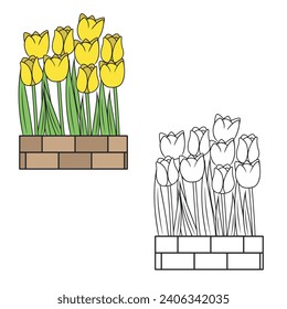 Tulips Vector Illustrations. The flowers are rising above the bricks. Simple Design Outline Style. You can give color you like.