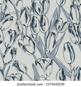 Tulips. Vector print for textiles. Hand-drawn flowers.
Seamless pattern.