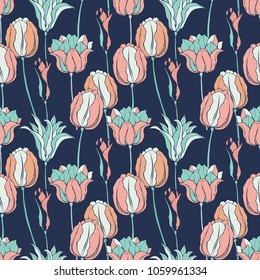 Tulips vector seamless pattern. Field of spring flowers. Floral background.