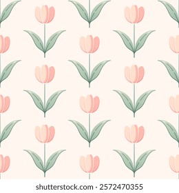 Tulips vector seamless pattern. Pink flowers with green leaves on beige background.