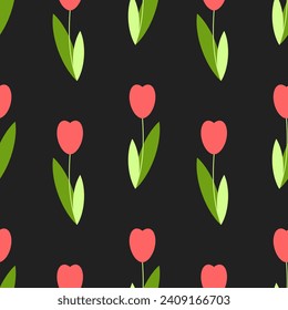 Tulips vector seamless pattern. Red flowers with green leaves on black background. Best for textile, wallpapers, wrapping paper, package and home decoration.