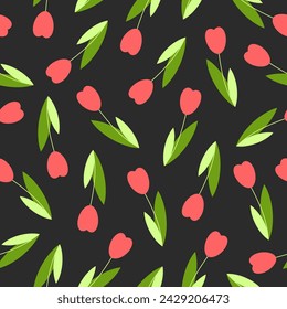 Tulips vector seamless pattern. Red flowers with green leaves on black background. Best for textile, wallpapers, wrapping paper, package and your design.