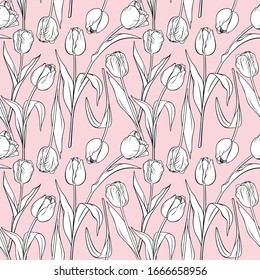 Tulips vector seamless pattern. Spring floral pink background. Tulip flowers illustration.