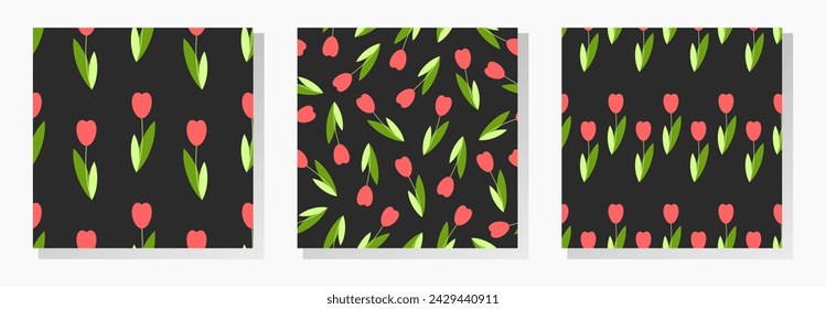 Tulipanes vector colección de patrones sin fisuras. Flores rojas con hojas verdes sobre fondo negro.