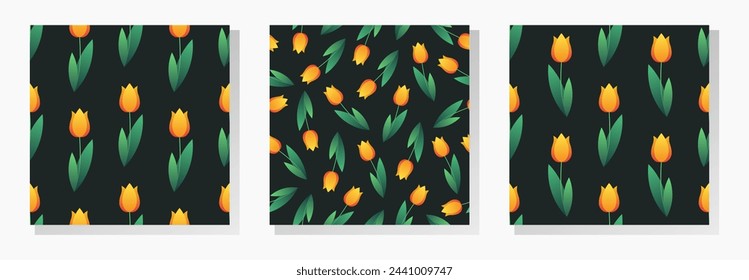 Tulips vector seamless patterns collection. Orange flowers with green leaves on black background.
