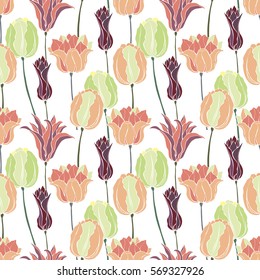 Tulips vector various of shapes seamless pattern. Floral fresh vector background. Light colored delicate spring flowers.