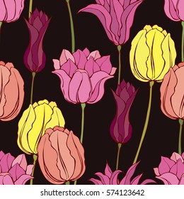 Tulips vector various of shapes seamless pattern. Pink and yellow spring flowers  background. Floral vector illustration.