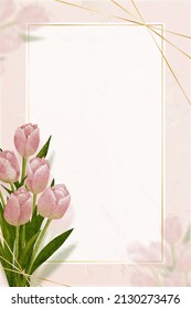 Tulipanes color de agua pintura de mano con marco dorado sobre fondo de mármol,Flor vectorial de primavera, ilustración hermosa flora rosa Bouquet con espacio de copia para la Invitación a la Boda, Día de la Madre, Día de San Valentín