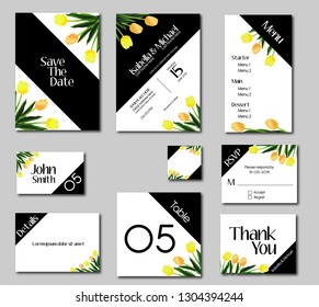 Tulips Wedding Invitation Kit, Set of Bridal Card, Asymmetric Tulip Black and White Style, Yellow Flower, Floral Tulips Cartoon 