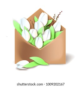 Tulips of white color in the paper envelope with springs and one flower separately lying