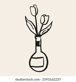 Tulips in wine bottle. Conceptual, naive flower sketch. Hand drawn ink vector illustration. Element for poster, social media, banners, invitation. Trendy spring card template. 