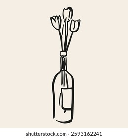 Tulips in wine bottle. Conceptual, naive flower sketch. Hand drawn ink vector illustration. Element for poster, social media, banners, invitation. Trendy spring card template. 