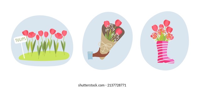 Tulipanes en una caja de madera, Bota de goma con flores, Mano humana sostiene un ramo de Tulipano. Flores rojas frescas. Flores florecientes de primavera. Plantillas para el diseño de vacaciones de primavera. Creciente ilustración vectorial plana