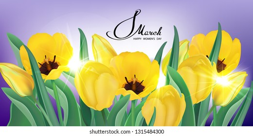 Tulips are yellow. Decorative postcard, banner, background for holidays: March 8, Poster for spring, Valentine's Day, birthday, wedding
