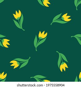 Tulips are yellow on a turquoise background.For textile, fabric, packaging paper, background, wallpaper.