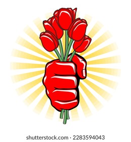 Tulips for you. Strong male hand holding a bouquet of flowers. Vector on transparent background