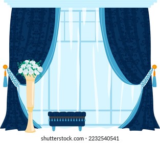 Tulle window interior, curtain decoration, drapery decor, house room, isolated on white, design, flat style vector illustration.