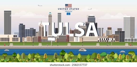 Tulsa city skyline colorful vector illustration. Travel poster