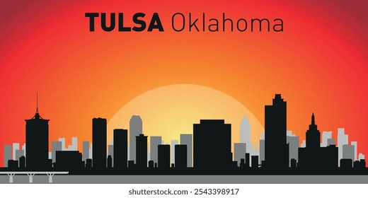 O horizonte da cidade de Tulsa com silhuetas de edifícios contra o pano de fundo de um grande sol amarelo e céu laranja. Vetor no fundo do pôr do sol