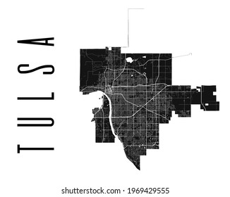 Mapa de Tulsa. Mapa vectorial detallado del área administrativa de la ciudad de Tulsa. Vista de la aria metropolitana de Cityscape poster. Tierra negra con calles blancas, caminos y avenidas. Fondo blanco.