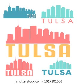 Tulsa Oklahoma USA Flat Icon Skyline Silhouette Design. City Vector Art Famous Buildings Color Set.